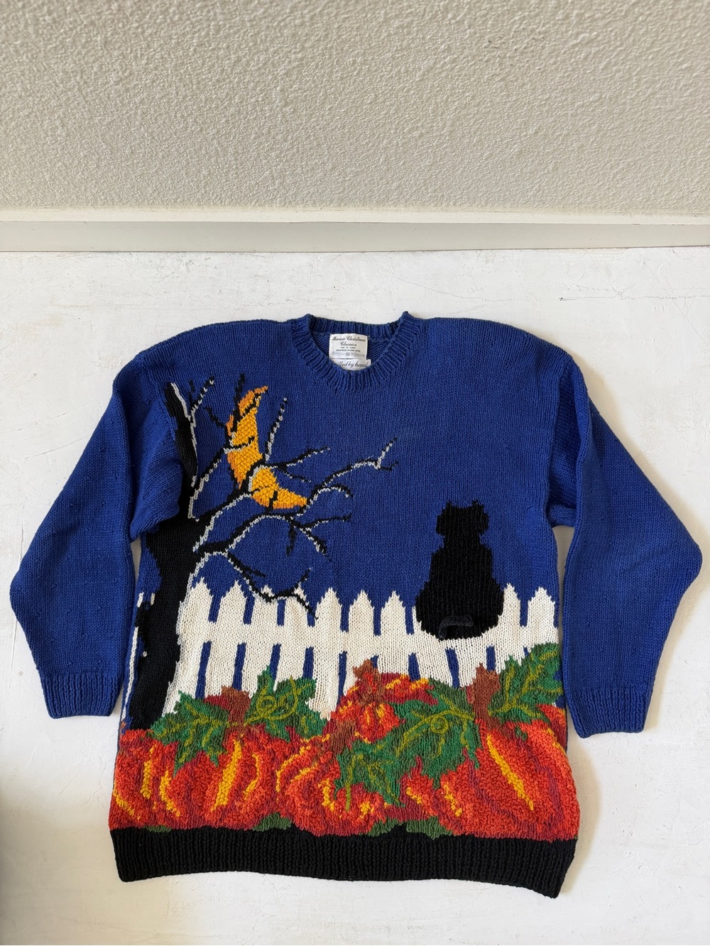 Vintage Marisa Christina Hand-Knit Sweater Halloween Cats Pumpkin Granny Size XL